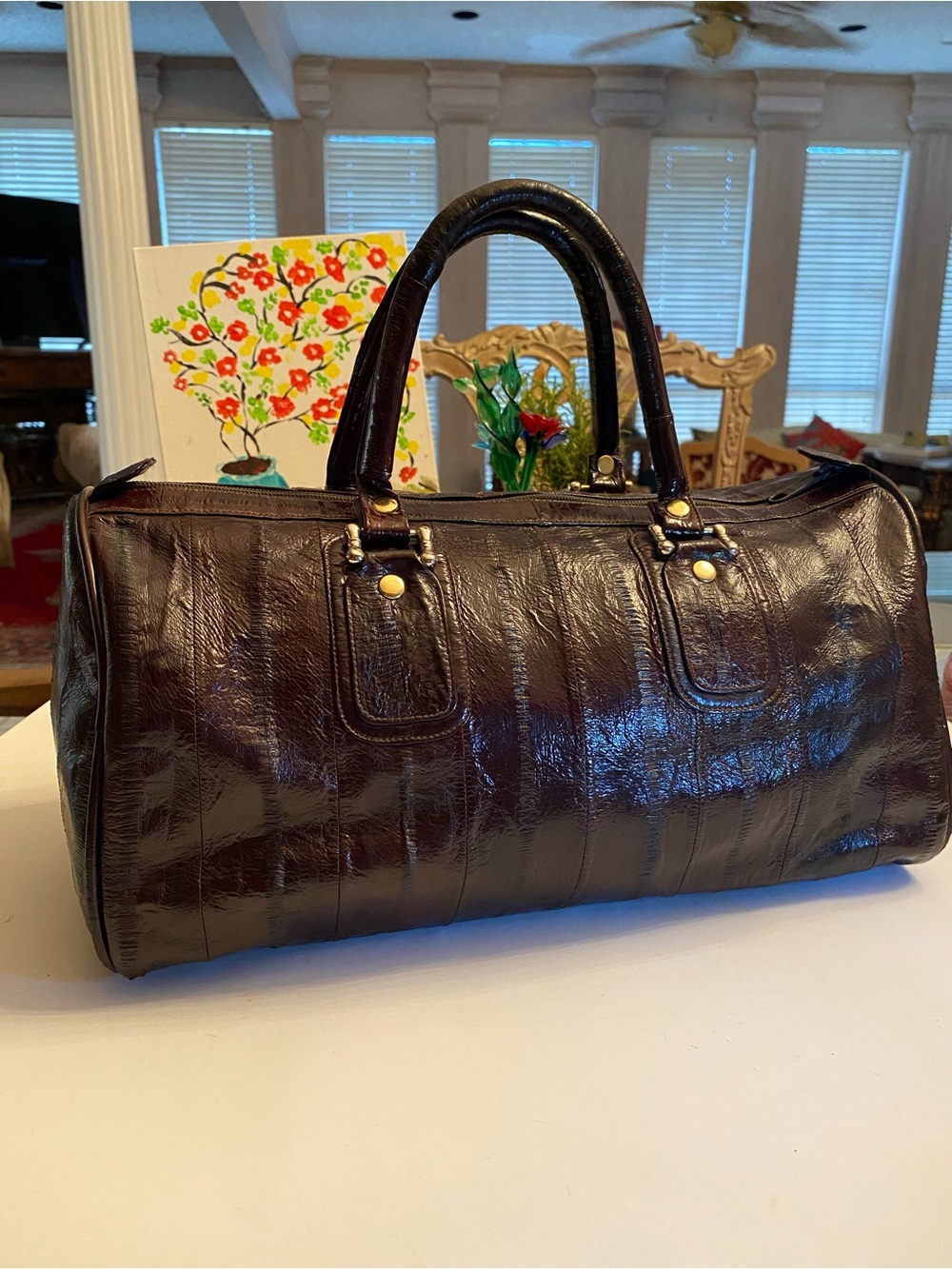 Vintage Genuine Red Burgundy Leather Eel Skin Doctor Handbag